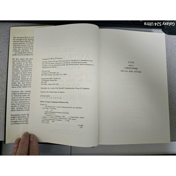 O. S. Guinness INSCRIBED "The American Hour" 1st Edition 1992 HCDJ 1st Printing - Picture 2 of 4